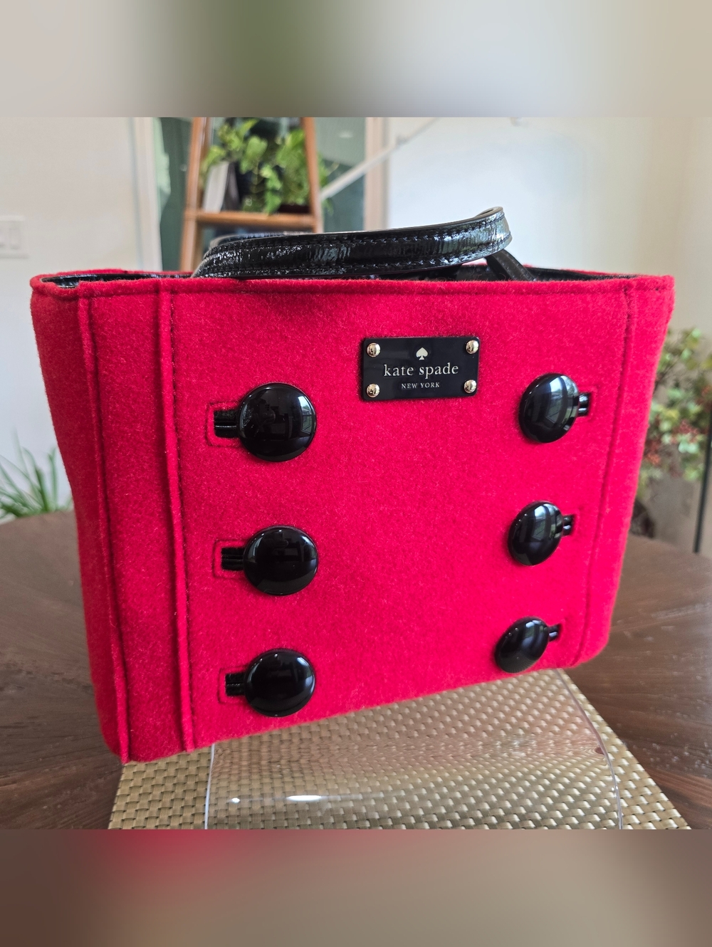 EUC Kate Spade Red Wool Button-Accent Tote - Picture 2 of 12